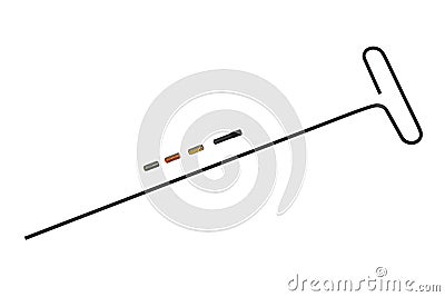 A T-handle hex key wrench with four colored threaded inserts and a black threaded insert, isolated on a white background Stock Photo