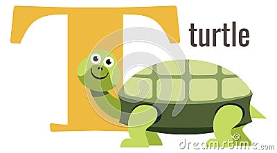 T letter card. Cartoon alphabet with turtle animal Vector Illustration