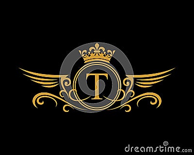 T letter initial with wings and crown crest Vector Illustration