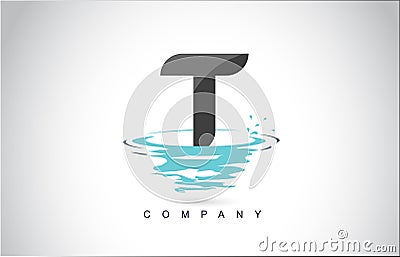 T Letter Logo Design with Water Splash Ripples Drops Reflection Vector Illustration