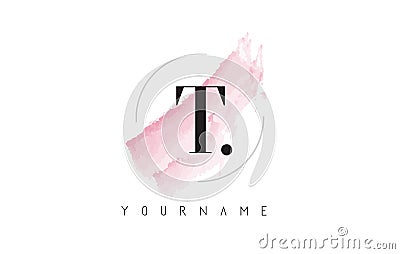 T Letter Logo with Pastel Watercolor Aquarella Brush. Vector Illustration