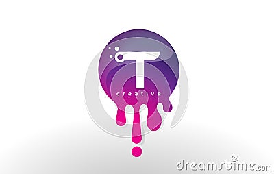 T Letter Splash Logo. Purple Dots and Bubbles Letter Design Vector Illustration