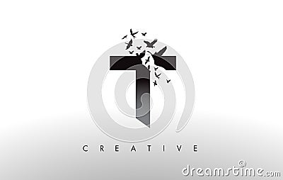 T Logo Letter with Flock of Birds Flying and Disintegrating from Vector Illustration