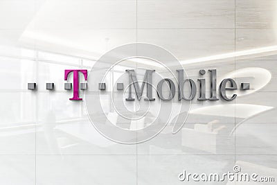 T mobile on glossy office wall realistic texture Editorial Stock Photo