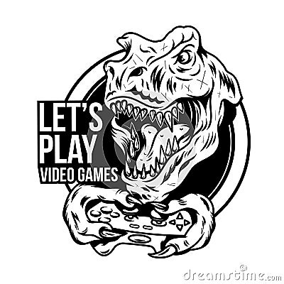 T rex angry dinosaur gamer which play game Vector Illustration