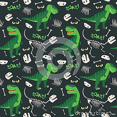 T Rex and Dino Bones Roar Seamless Pattern Dark Background Vector Illustration Vector Illustration