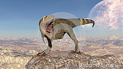 T-Rex Dinosaur, Tyrannosaurus Rex reptile walking on rock, prehistoric Jurassic animal in deserted nature environment, 3D Cartoon Illustration