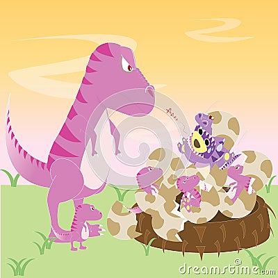 Dinosaur pink mom meet with her children and Mr.Purple bear in Dinosaur costume,Tyrannosaurus with children Vector Illustration