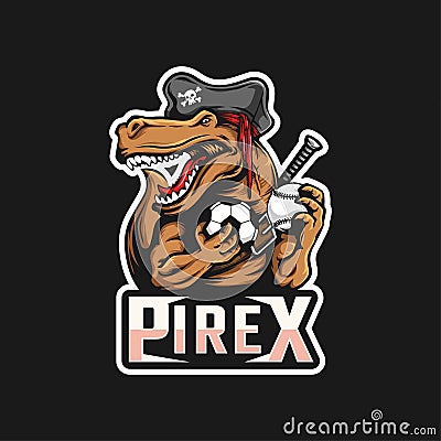 T-rex pirates holding soccer ball. logo character. vector illustration. Vector Illustration