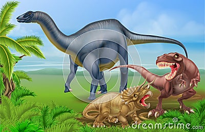 T Rex Triceratops and Diplodocus Vector Illustration