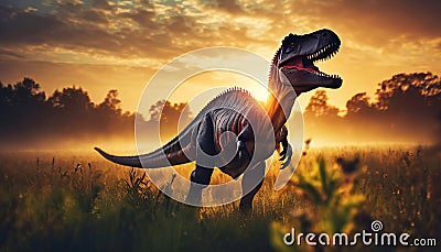 T-rex or tyranosaur rex reptile in swampy meadow in prehistoric time Cartoon Illustration