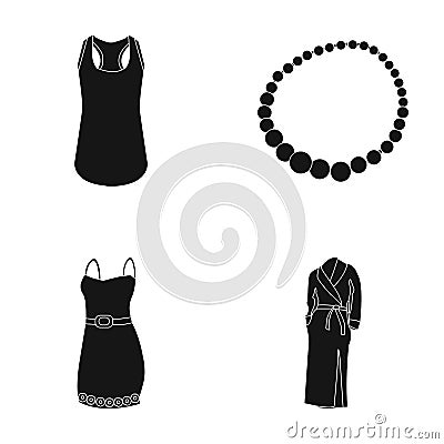 T-shirt, beads, summer women`s sarafan on straps with a belt, a home gown. Women`s clothing set collection icons in Vector Illustration