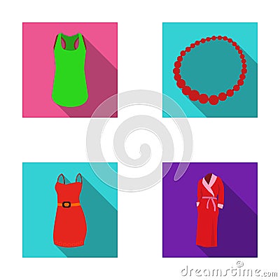 T-shirt, beads, summer women`s sarafan on straps with a belt, a home gown. Women`s clothing set collection icons in flat Vector Illustration