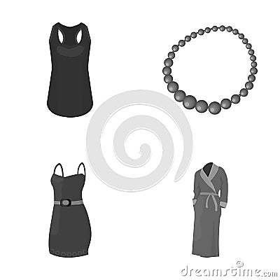 T-shirt, beads, summer women`s sarafan on straps with a belt, a home gown. Women`s clothing set collection icons in Vector Illustration