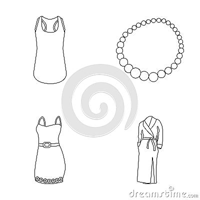 T-shirt, beads, summer women`s sarafan on straps with a belt, a home gown. Women`s clothing set collection icons in Vector Illustration