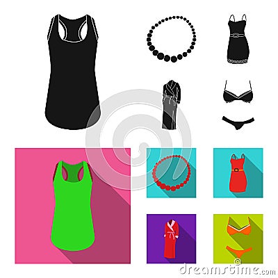 T shirt, beads, summer women sarafan on straps with a belt, a home gown. Women clothing set collection icons in black Vector Illustration