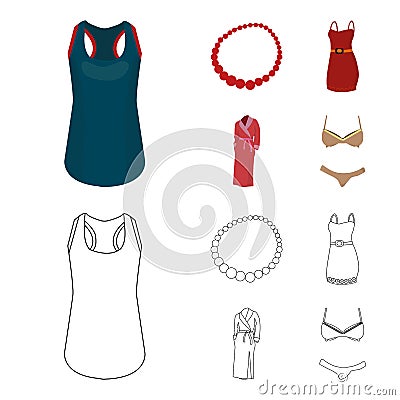 T-shirt, beads, summer women sarafan on straps with a belt, a home gown. Women clothing set collection icons in cartoon Vector Illustration