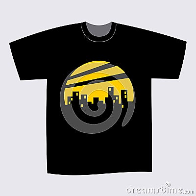 T-shirt Black Print Design Night City Vector Illustration