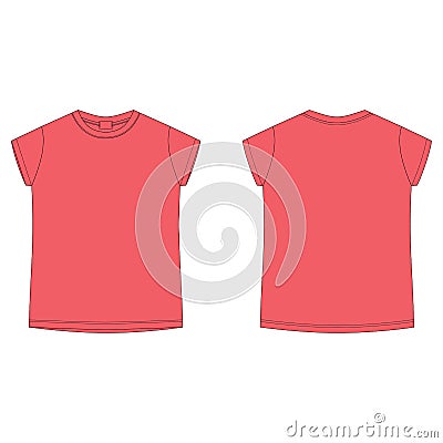 T-shirt blank template in bright red color. Children`s technical sketch tee shirt isolated. Casual kids style. Front and back Cartoon Illustration
