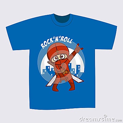 T-shirt Blue Print Design Superhero Ninja Rock and Roll Vector Illustration