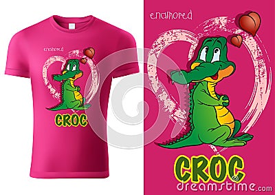Pink Child T-shirt Design with Green Cartoon Croc Vector Illustration