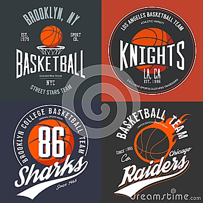 T-shirt design for basketball fans for usa new york brooklyn street team, knights college team and chicago raiders Vector Illustration