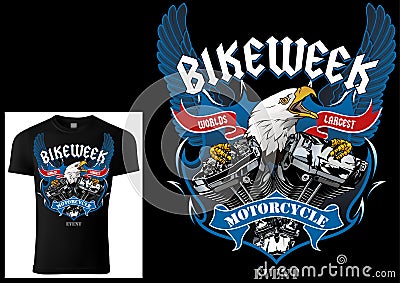 T-shirt Design for Bikers with Eagle and Engine Vector Illustration