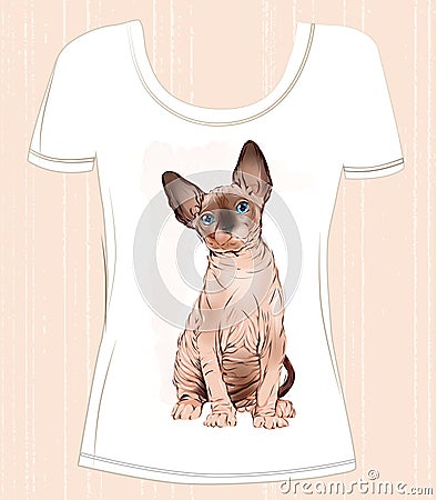 T-shirt design with Canadian sphinx cat. Vector Illustration