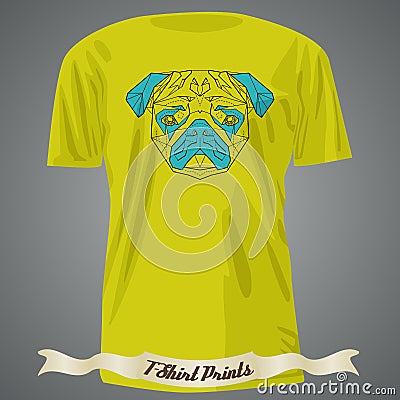 T-shirt design with Colorful head of Pug in linear graphic design Vector Illustration