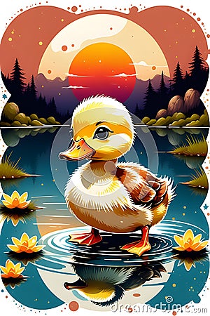 T-shirt design of a cute baby duckling on a lotus pond with vintage retro sunset, animal, stickers, cartoon, white background Stock Photo