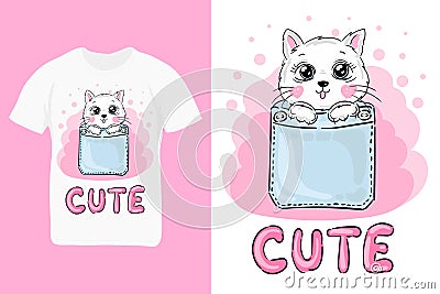 t-shirt design cute cat in pocket with pink text Cute, child fashion print Vector Illustration