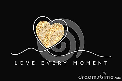 T-shirt design with glitter heart. Slogan love every moment, typography graphics for tee shirt with glittering shine texture Vector Illustration