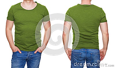 Man in blank olive green tshirt front and rear isolated on white Stock Photo