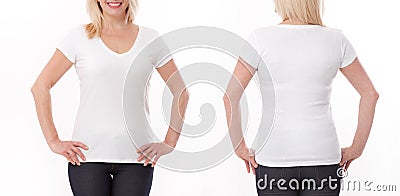 T-shirt design and people concept - close up of woman in blank white t-shirt, shirt front and rear isolated. Mock up. Stock Photo