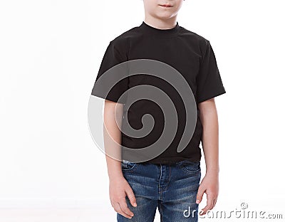 T-shirt design and people concept close up of young man in blank black t-shirt, shirt front and rear isolated. Stock Photo