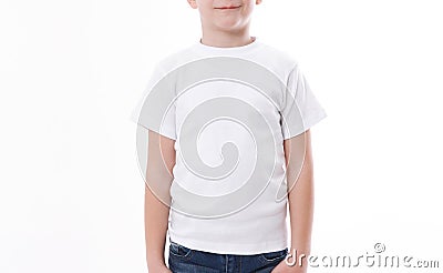 T-shirt design and people concept - close up of young man in blank white t-shirt, shirt front and rear isolated. Stock Photo