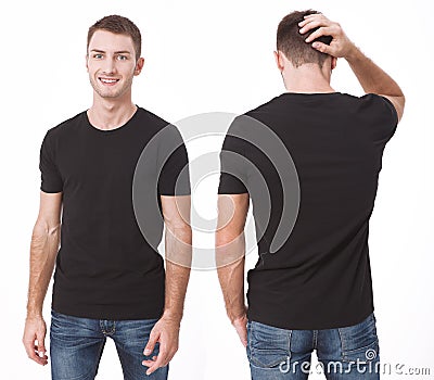 T-shirt design and people concept - close up of young man in blank white t-shirt. Clean shirt mock up for design set. Stock Photo