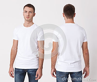 T-shirt design and people concept - close up of young man in blank white t-shirt, shirt, front and rear isolated. Clean shirt mock Stock Photo