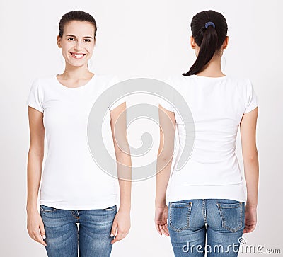 T-shirt design and people concept - close up of young woman in blank white t-shirt. Clean shirt mock up for design set. Stock Photo