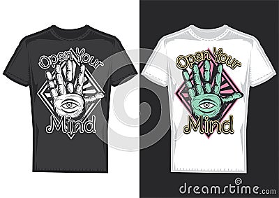 T-shirt design samples with illustration of guessing on arm design Vector Illustration