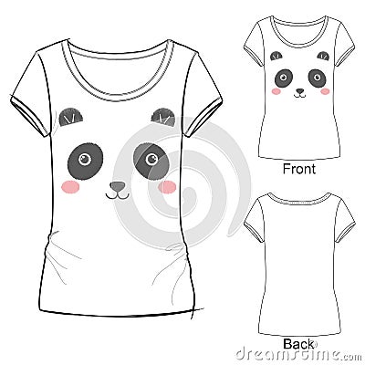 White t shirt with fashion print with Vector illustration of cute embroidery of black and pink toy panda Vector Illustration