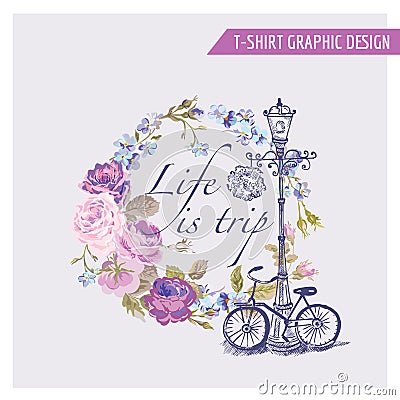 T-shirt Floral Shabby Chic Graphic Design Vector Illustration