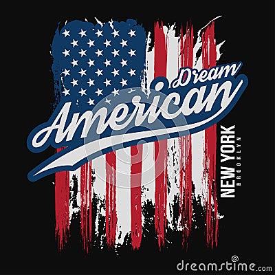 T-shirt graphic design with american flag and grunge texture. New York typography shirt design Vector Illustration