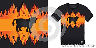 T-shirt graphic design black cow of with burning flames and BBQ beef grill Vector Illustration