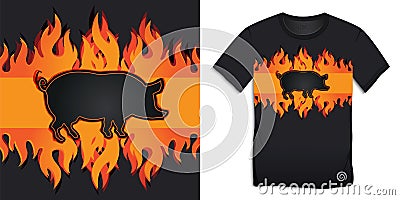 T-shirt graphic design black pig of with burning flames and BBQ pork grill Vector Illustration