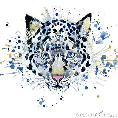 T-shirt graphics/cute snow leopard, illustration watercolor Cartoon Illustration