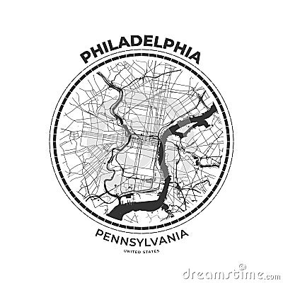 T-shirt map badge of Philadelphia, Pennsylvania Vector Illustration