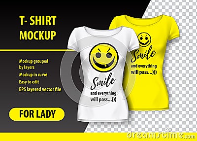 T-Shirt Mockup with Smile and funny phrase in two colors. Mockup layered and editable. Vector Illustration
