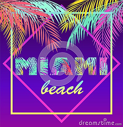 T-shirt neon violet print with colorful Miami beach lettering and coconut palm leaves Vector Illustration