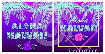 T-shirt neon violet prints variation with Aloha Hawaii mint color lettering, coconut palm leaves, seagull and lilac hibiscus on th Vector Illustration